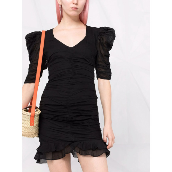 Isabel Marant Etolie 6 Puff-sleeve Mini Sireny Dress $590 Ruched Cotton Black 38 - Picture 3 of 16